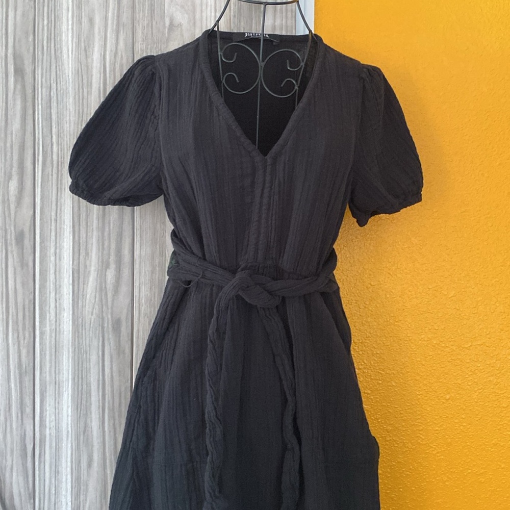 Disturbia Black V-Neck Puff Sleeve Belted Dress *see description*